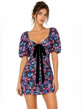 For Love And Lemons Marley Blue Floral Velvet Mini Dress Size L